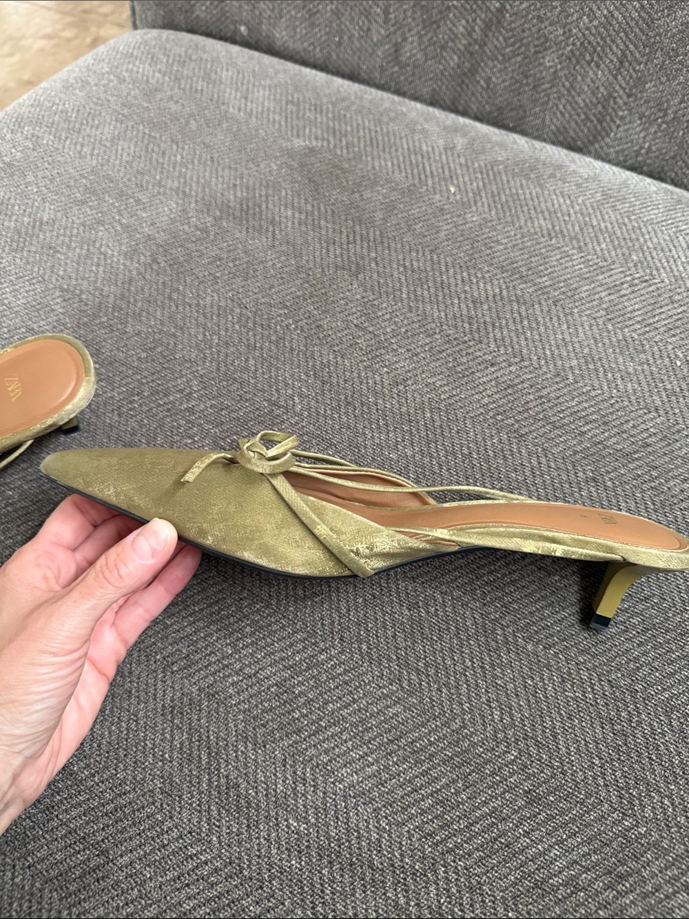 Zara Olive Green Velvet Pointed Toe Mules - Picture 9 of 9